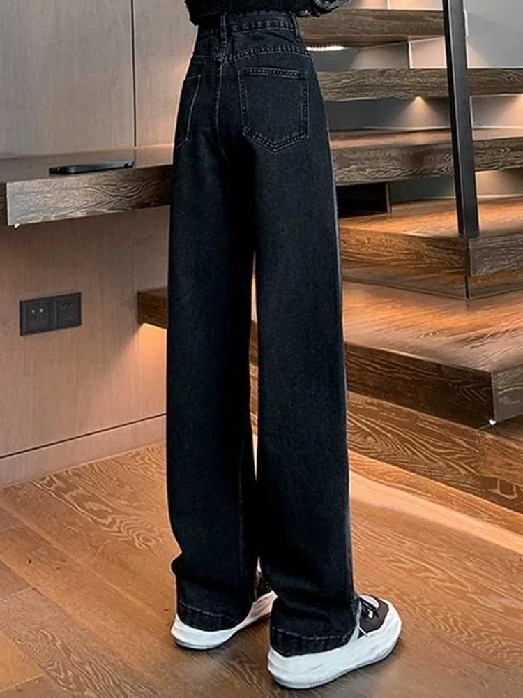 Woman High Waist Jeans Lady American High Street Patchwork Straight Leg Pants Girls Black Gray Contrast Color Wide Leg Trousers R250716