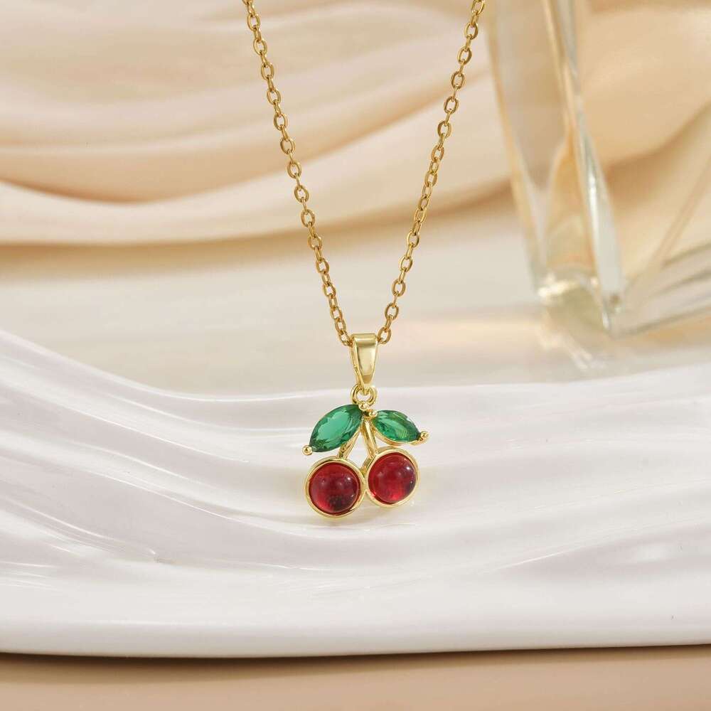Fresh Titanium Steel Red Zircon Cherry Pendant Necklace Women's Light Niche Sweet Collarbone Chain Jewelry 761