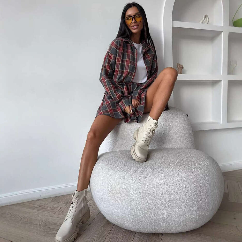 New Fashion Casual Plaid For Women, Turn-Down Collar Loose Shirt With Belted Waist And Half Skirt Two-Piece Set B5