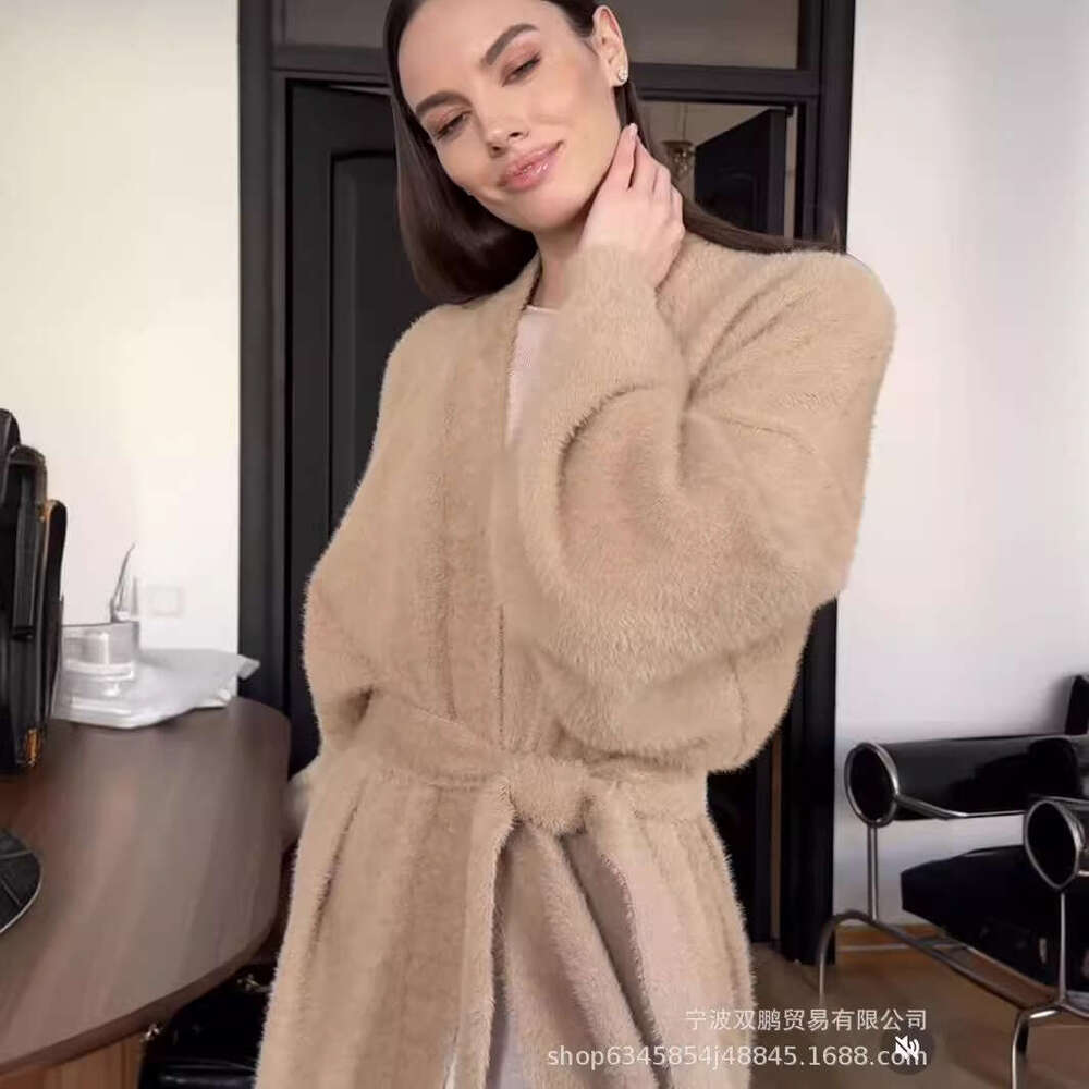 Autumn Winter New Long Faux Mink Cardigan Women's Lazy Style Knitted Sweater With Belt B5