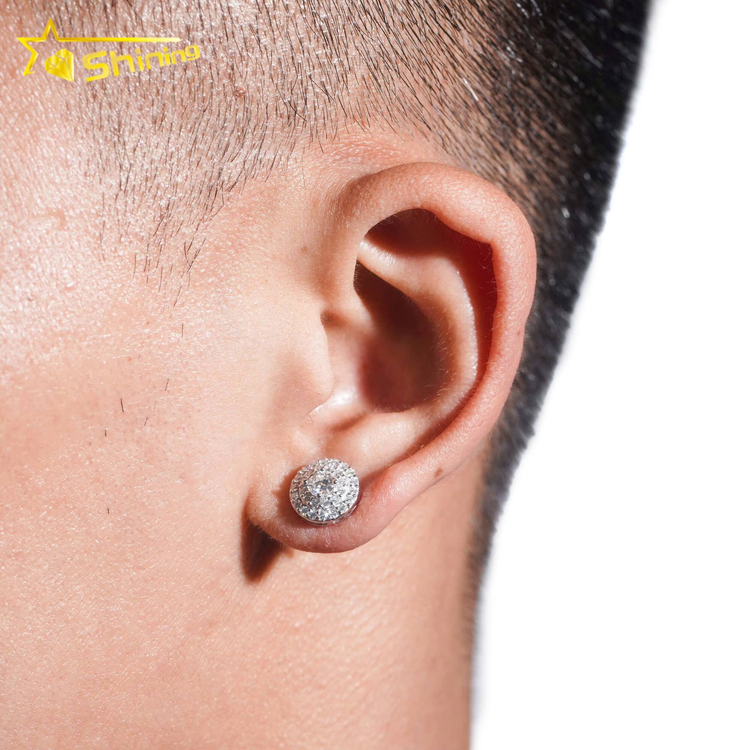 Pass Diamond Tester 925 Sterling Silver Round Cluster Iced Out Mens Moissanite Stud Earrings