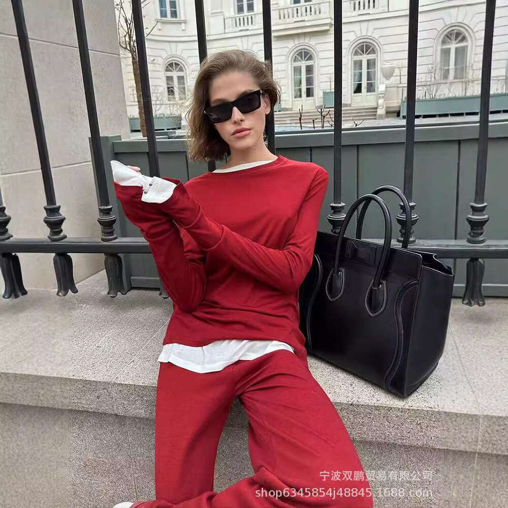 Autumn Winter New Soft Modal Women's Style Casual Top + Wide Leg Pants Christmas Red Two Piece Set B5