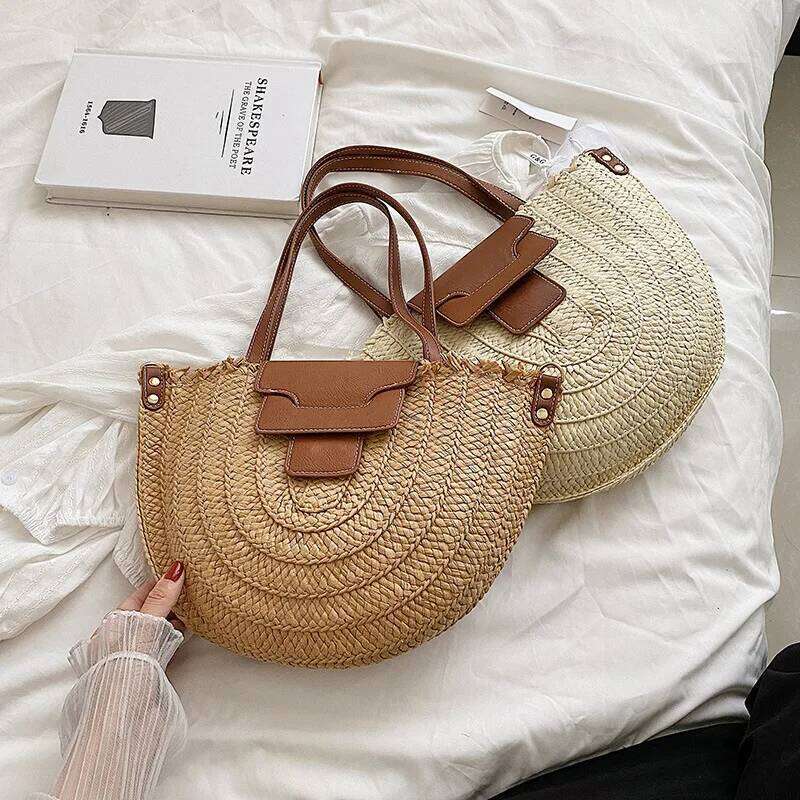 Women Summer Straw Bag Woven Beach Shoulder Bags Casual Designer Saddle Shopper Totes Female Large Capacity Travel Handbag Bolsa