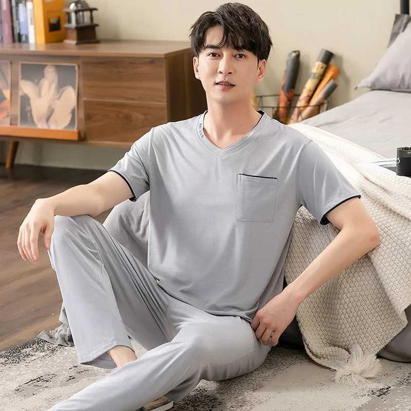 Mens Modal Cotton Pajamas Set Summer Short-Sleeve Tops + Long Pants Nightwear Home Wear Suits Simple Fashion Sleepwear for Men W250717