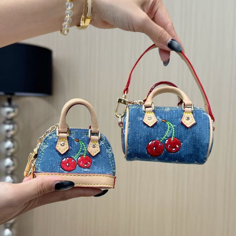 Designer keychains TM Micro Speedy Denim Cerise Bag Charm Almas Mini Wallets Embroidered Leather Coin Purse shell pillow Womens Bag Charm Keyring Mens Key Chains