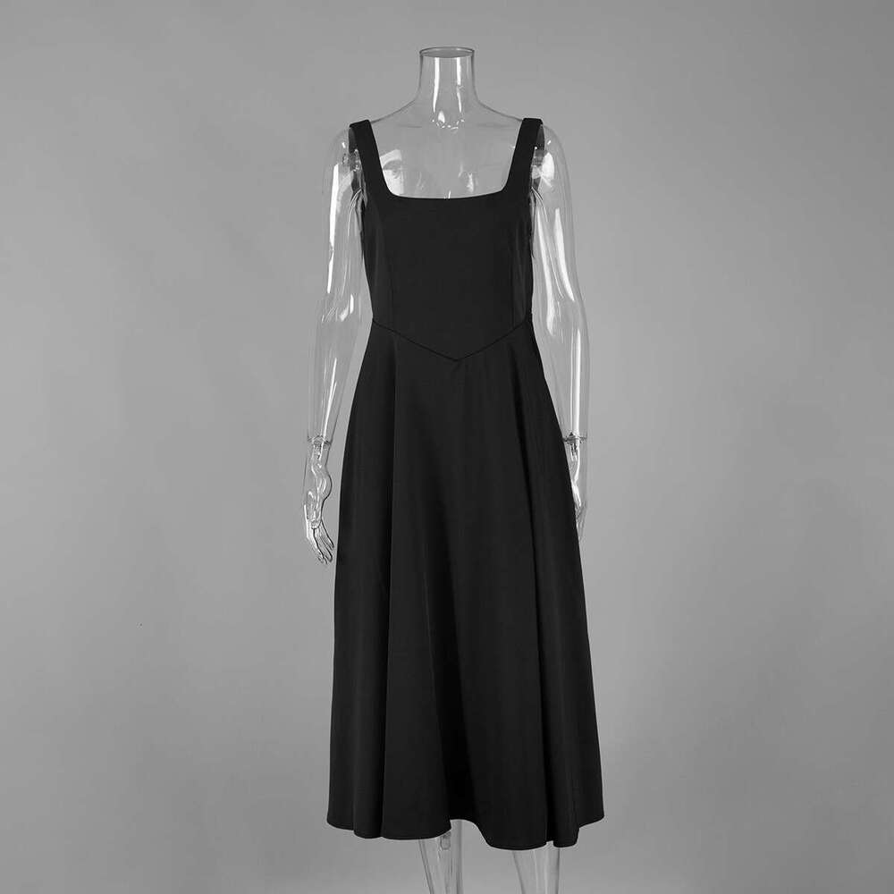 French Style Square Neck Slim Long Summer Simple Fashion Casual Sleeveless Strap Dress For Women B5