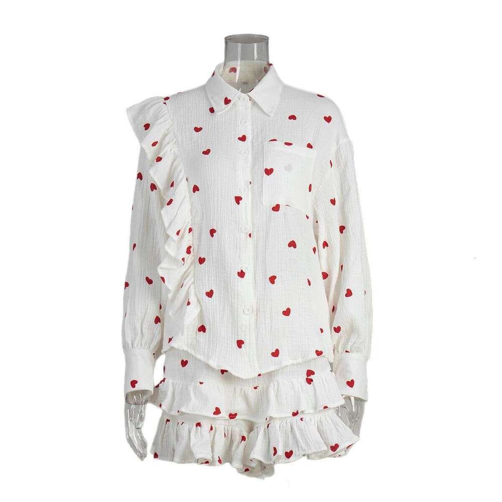 Cotton Printed Spring Summer Ruffled Long Sleeve Shirt + Shorts Casual Set B5