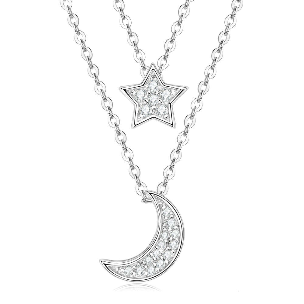 Moissanite Double Layer Star Moon Necklace For Women, Ins Style, Niche Minimalist, Korean And Japanese Trendy, Elegant Pure Sier Collarbone Chain 8F7