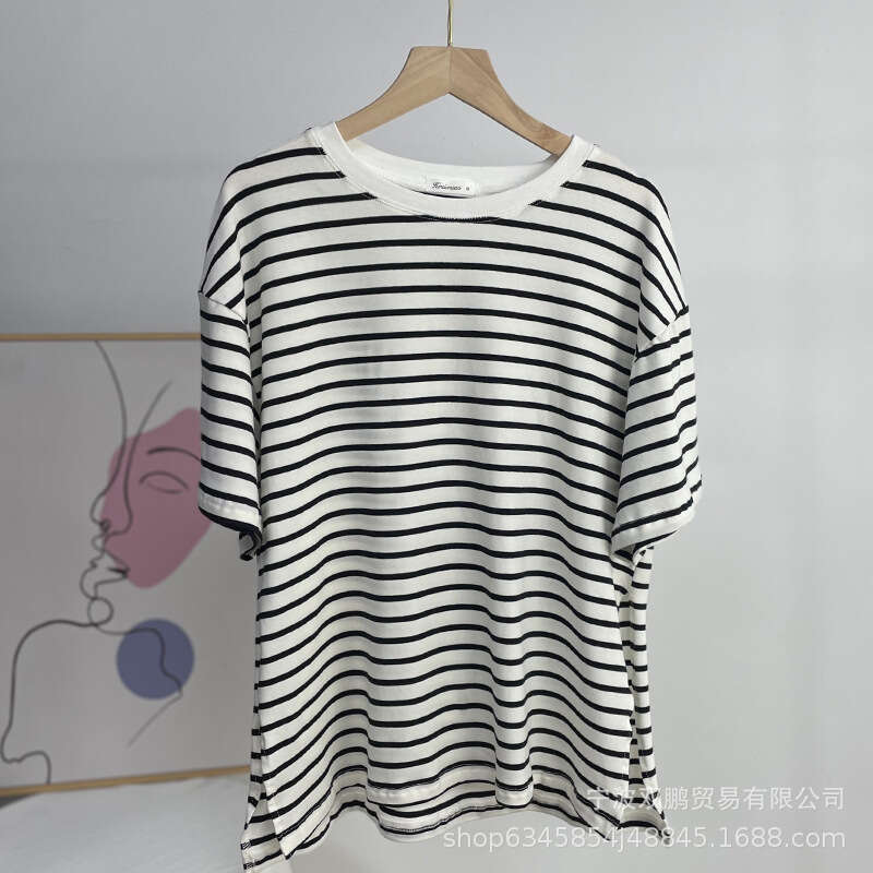 Spring Summer Casual Pure Cotton Striped T-Shirt For Women Loose Fit Versatile Split Long Sleeve Top Style B5