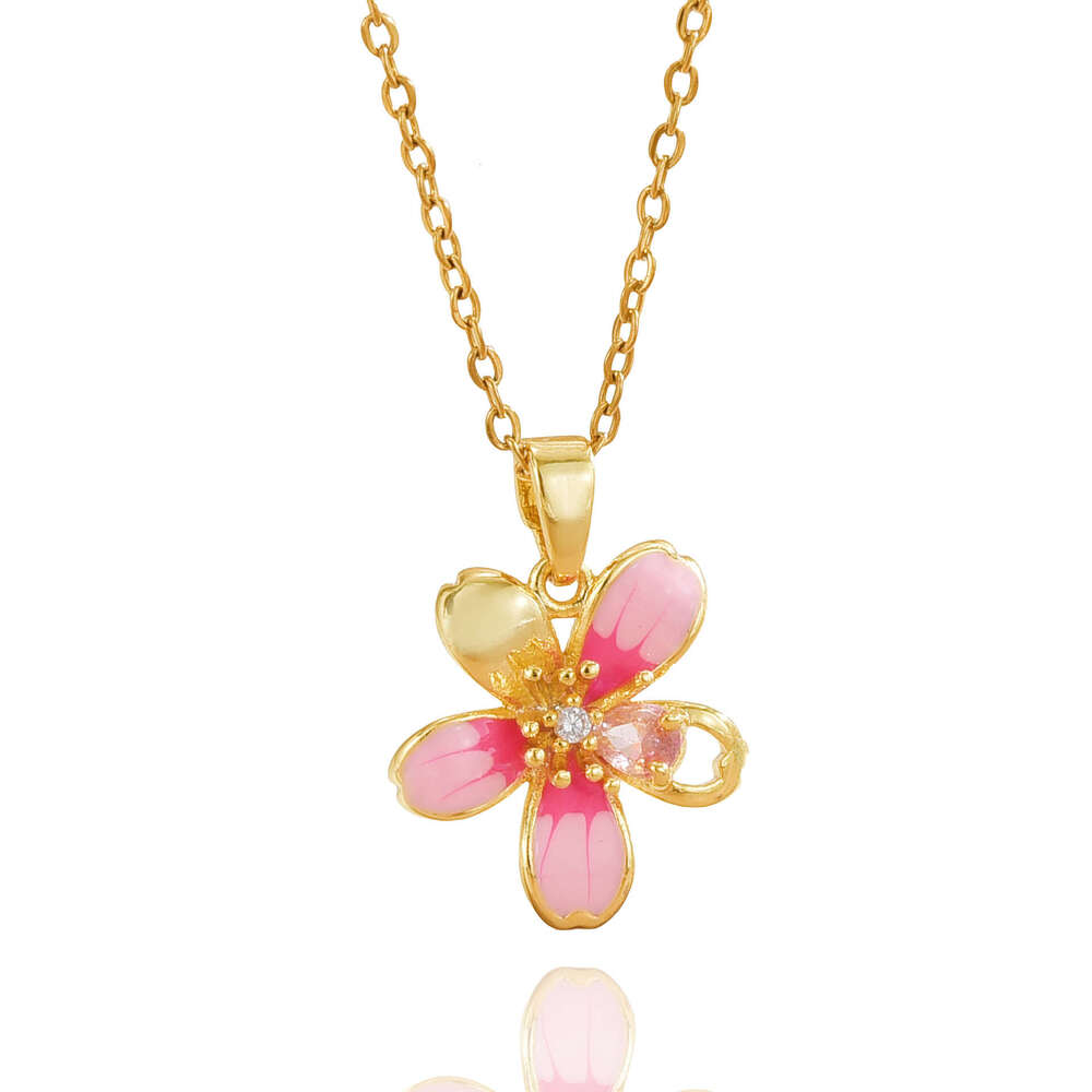 Fashion Pink Oil Drop Five-Petal Flower Pendant Titanium Steel Necklace For Women Elegant Light Niche High-End Accessories Bf0