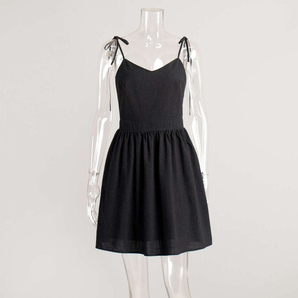 Pure Cotton Spaghetti Strap Backless High Waist Spring Summer New Fashion Tie Short Dress For Women B5