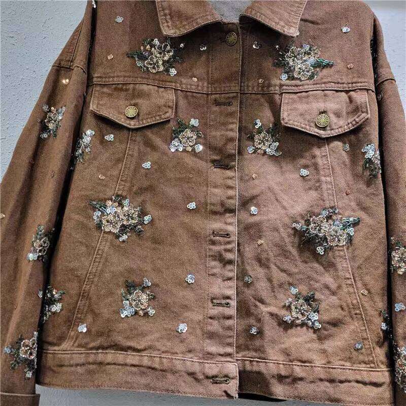 WTHT New Fashion Women's Heavy Industry Embroidered Sequins Denim Jacket Turn-Down Collar Long Sleeves Coat Female 1Ls696