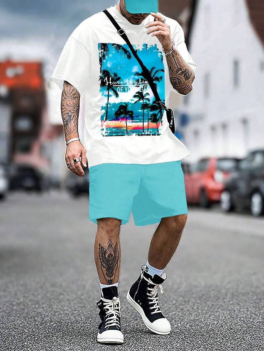 Men's Coconut Tree Print Short Sleeve T-Shirt Set
