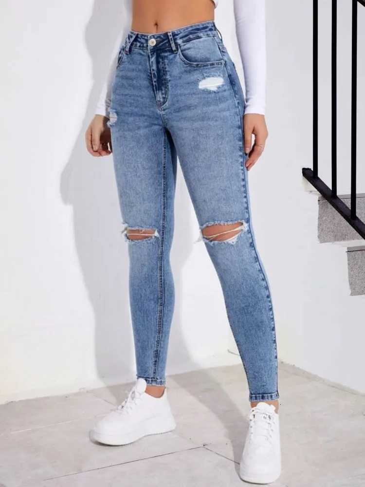 Blue stir-fried snowflake fashionable hole tight-fitting small-leg jeans R250716