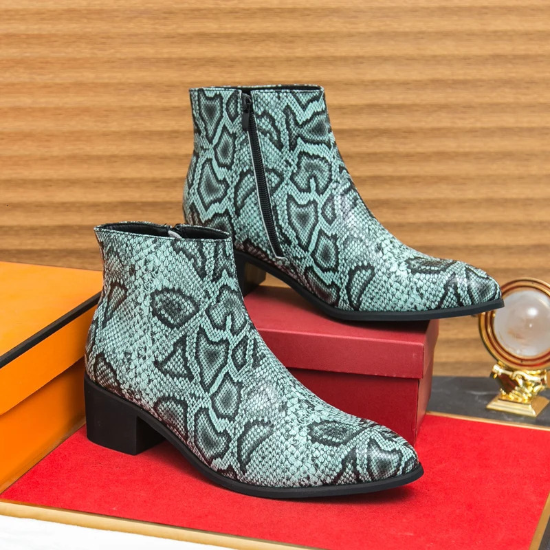 Spring Serpentine Leather Printing Men Cowboy Ankle Boots Show Party Motorcycle Short Boots Increase Height Dress Sapatos Social 250715
