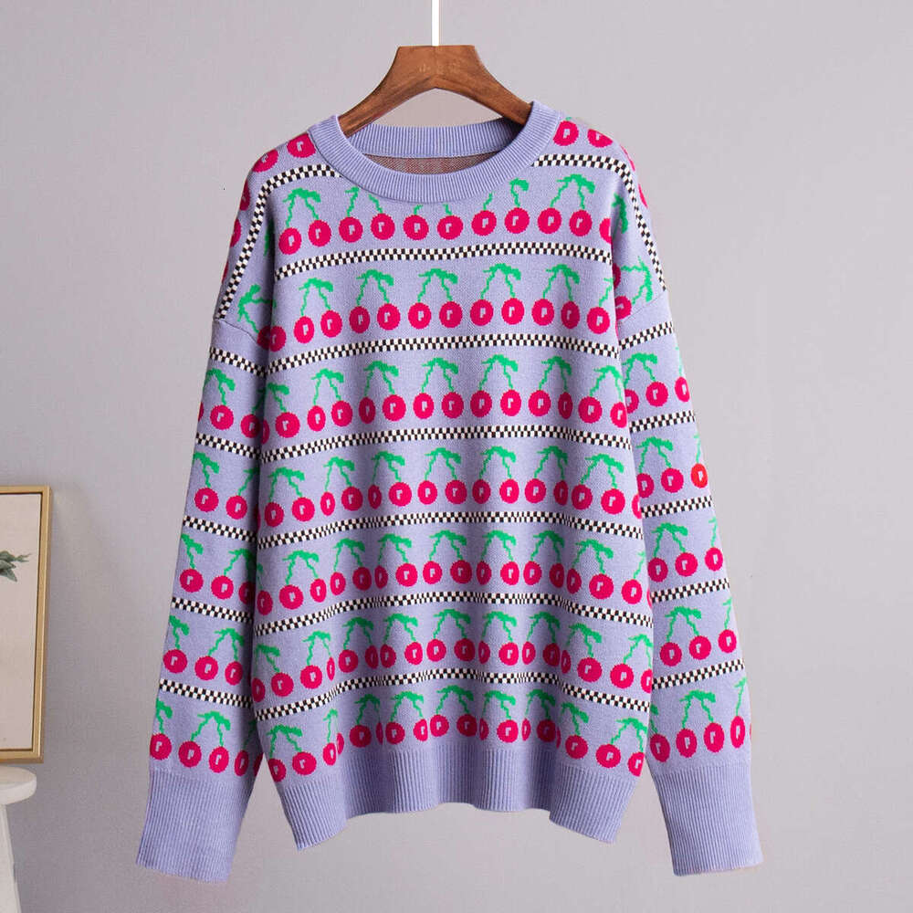 Autumn New Mid-Length Knitted Cherry Round Neck Sweater B5