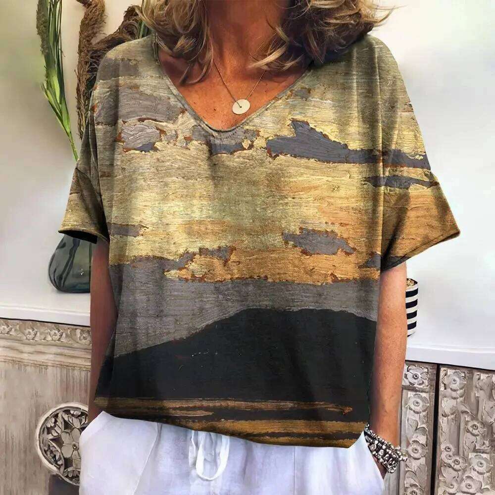 Summer T Shirt for Women V Neck Casual Fashion Tops New Plaid Tees Haruku Clothing Loose Short Sleeve Blouse Female Sweatshirt