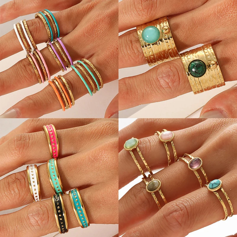 Boho Enamel Turquoise Stone Wide Rings Stainless Steel Gold Plated Hollow Multilayer Adjustable Open Rings Trend Rings for Women 250716
