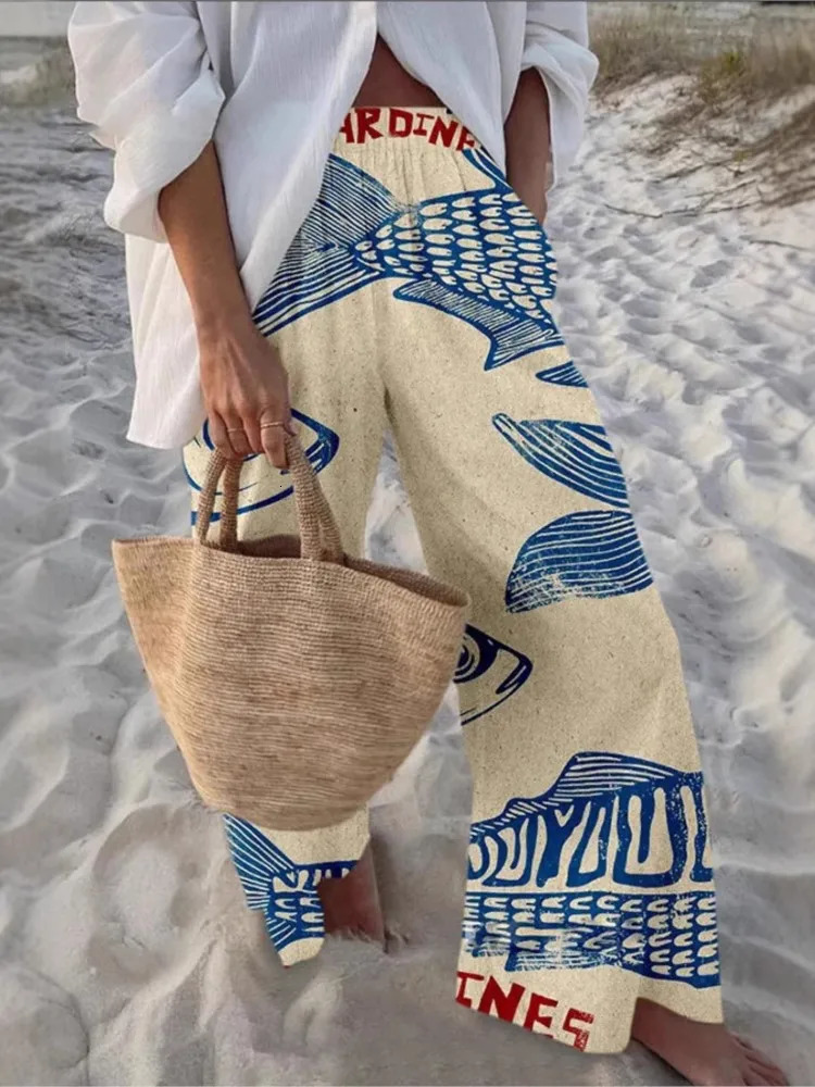 Spring Summer Casual Trousers Loose Sports Wideleg Pants Women Vintage Print Beach Party Holiday Long Clothes 250717