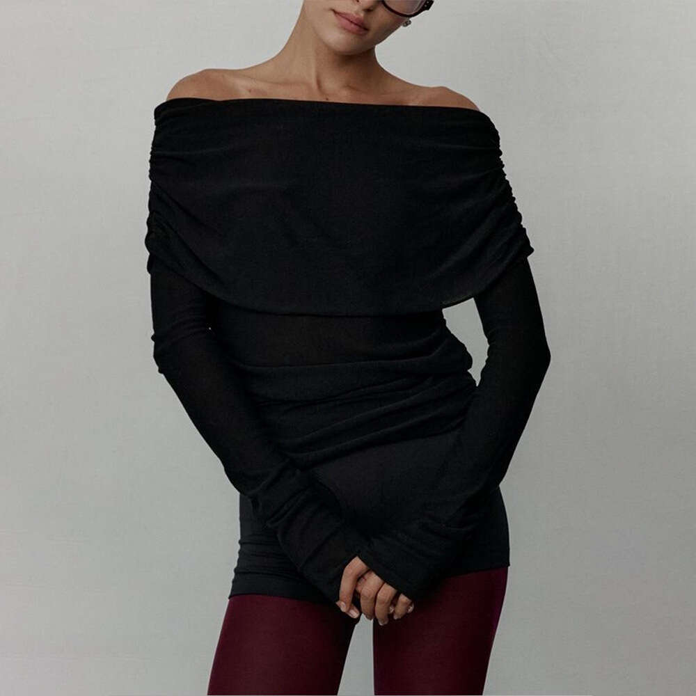 Women's Sweater Autumn Winter Long Sleeve Knitted Base Shirt Off-Shoulder Sexy Slim Fit Top B5