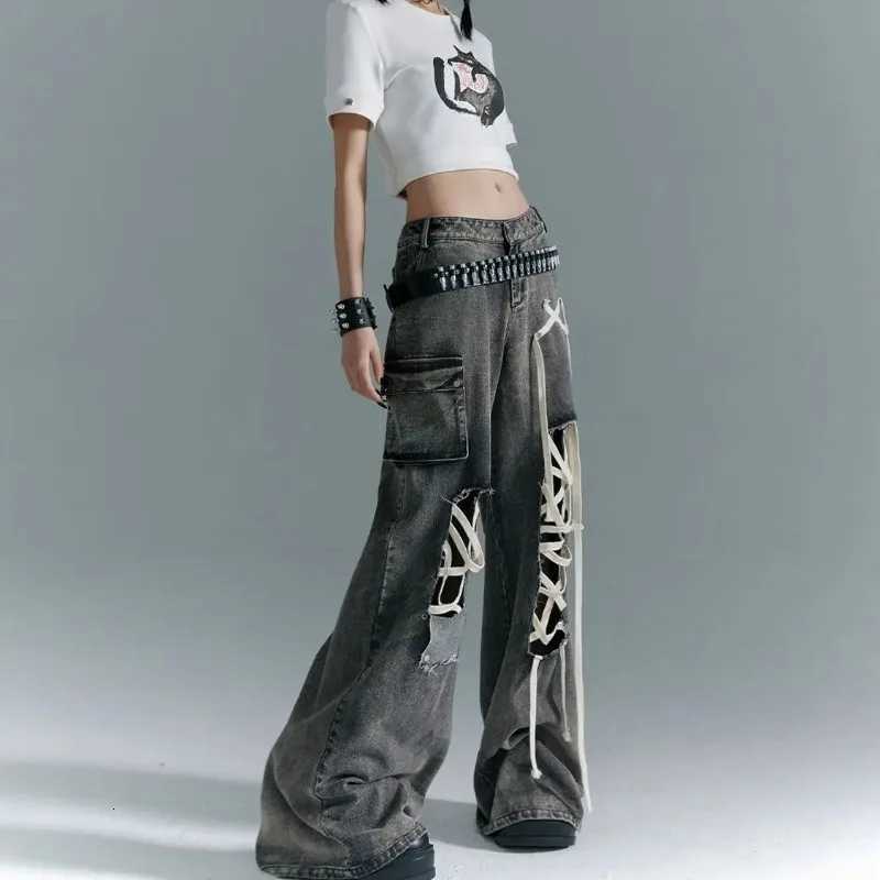 Summer High Street American Hottie Strap Pocket Ripped Cargo Baggy Jeans High Waist Punk Retro Wide Leg Pant Y2K Jeans Streetwear R250716