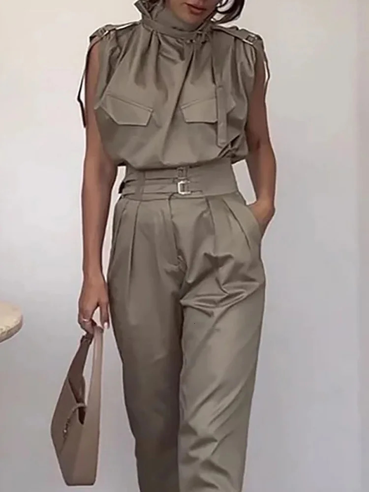 Summer Women Turtleneck Patchwork Outfit Pullover Top Cargo Pants Chic Matching Sets Pocket Fashion Simple Ladies Suits 250714