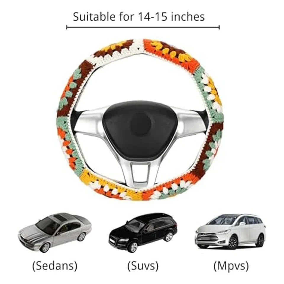 14-15 Inch Crochet Sunflower Steering Wheel Cover Set Knitted Sunflower Orange Brown Small Flower Style Steering Wheel Cover 250715