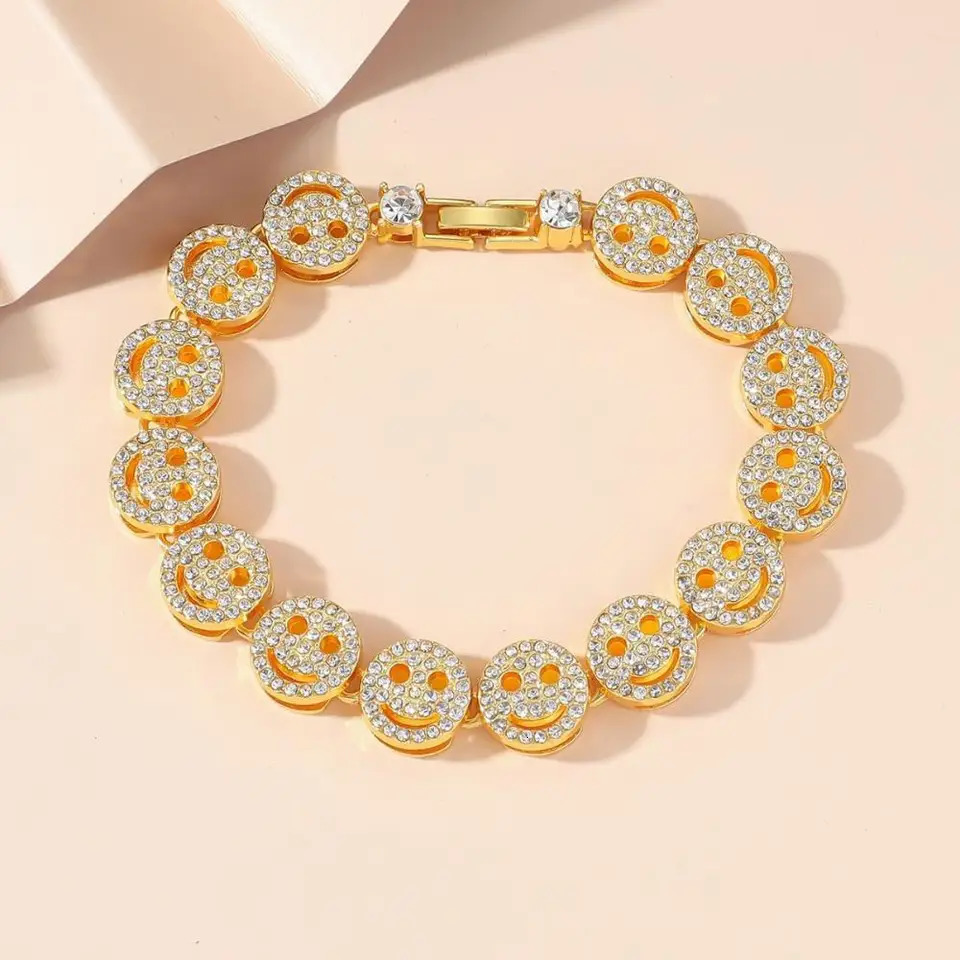 UILZ Smiling Face Hip Hop Round Tennis Chain Necklace Iced Out Bling Bracelet Fashion Shiny Zircon Charm Jewelry 250717