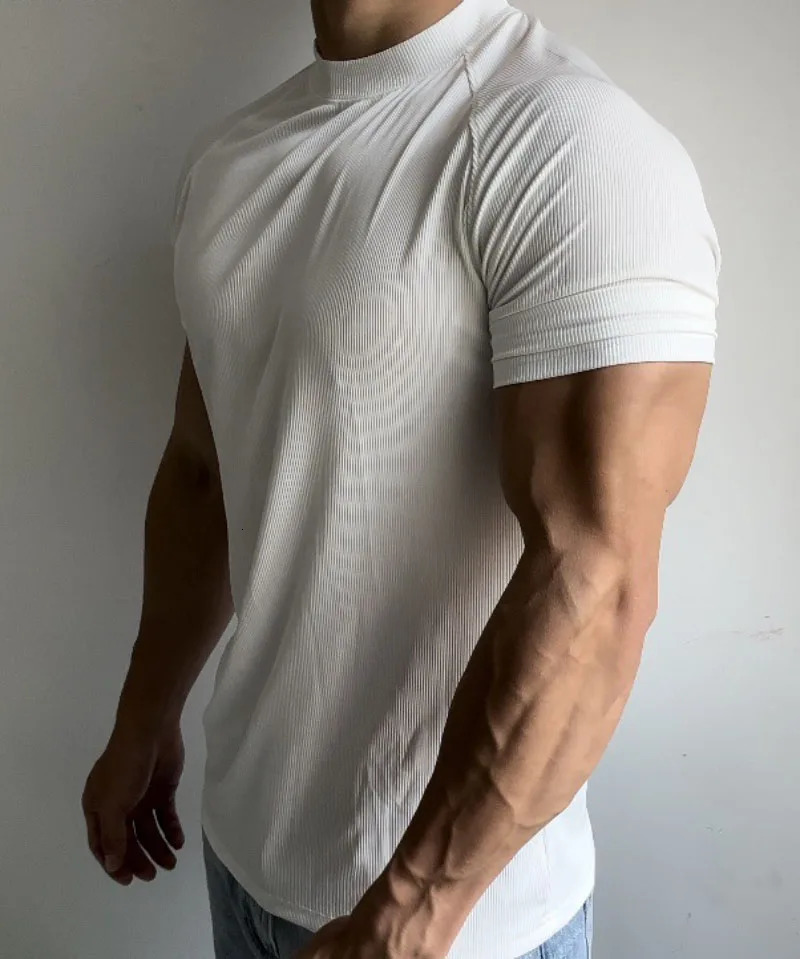 Summer Sports Outdoor Training Short-sleeved Men Slim Stretch Quick Dry Rotator Sleeve Small Neckline T-shirt Solid Color 250715
