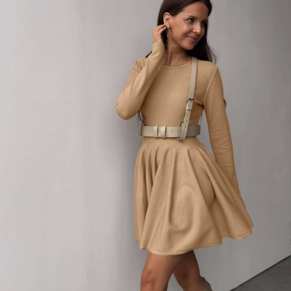 Round Neck Waist-Cinching Knitted For Women Versatile High-End Ins Style Pleated Sweater Dress B5