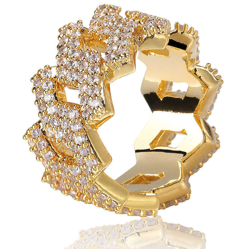 Hip Hop 14mm Shaped Cuban Real Gold Plated Double Row Zircon Ring