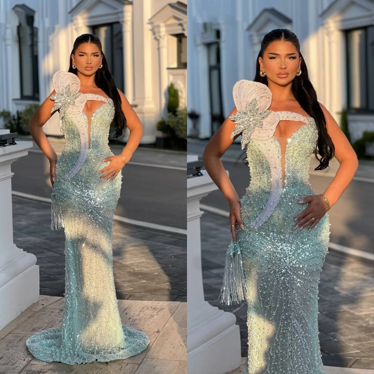 Fashion Mermaid Women Evening Dresses Strapless Sleeveless Gown Appliques Beaded Sequins Sweep Train Dress For Party Custom Made