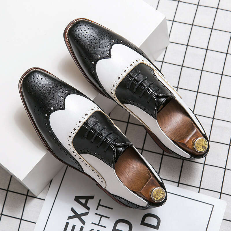 Brogue Leather British Style Carved Pattern Color Block Casual Studio Wedding Photo Black and White Large Size Men's Shoes