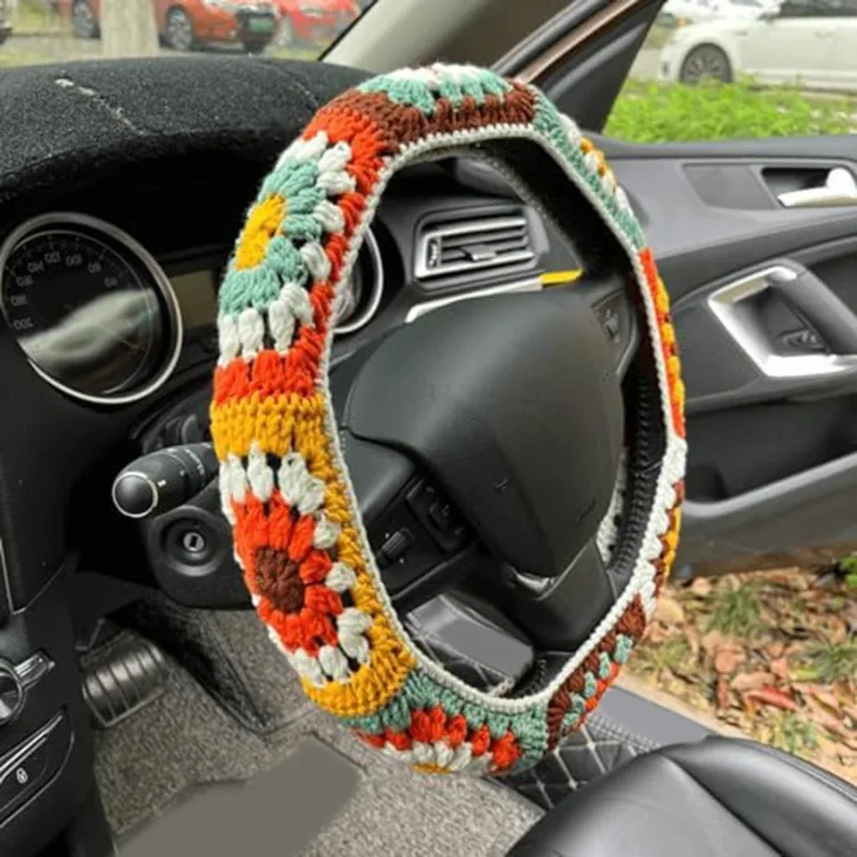 14-15 Inch Crochet Sunflower Steering Wheel Cover Set Knitted Sunflower Orange Brown Small Flower Style Steering Wheel Cover 250715