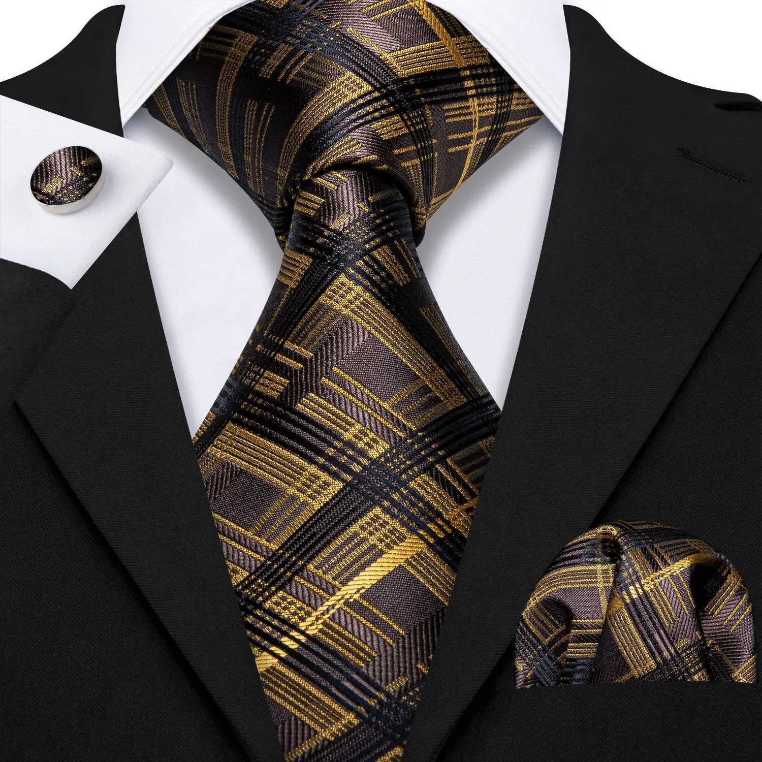 Mens Necktie Set Brown Gold and Blk Floral Silk Tie Pocket Square Cufflinks for Weddings L250926BT14
