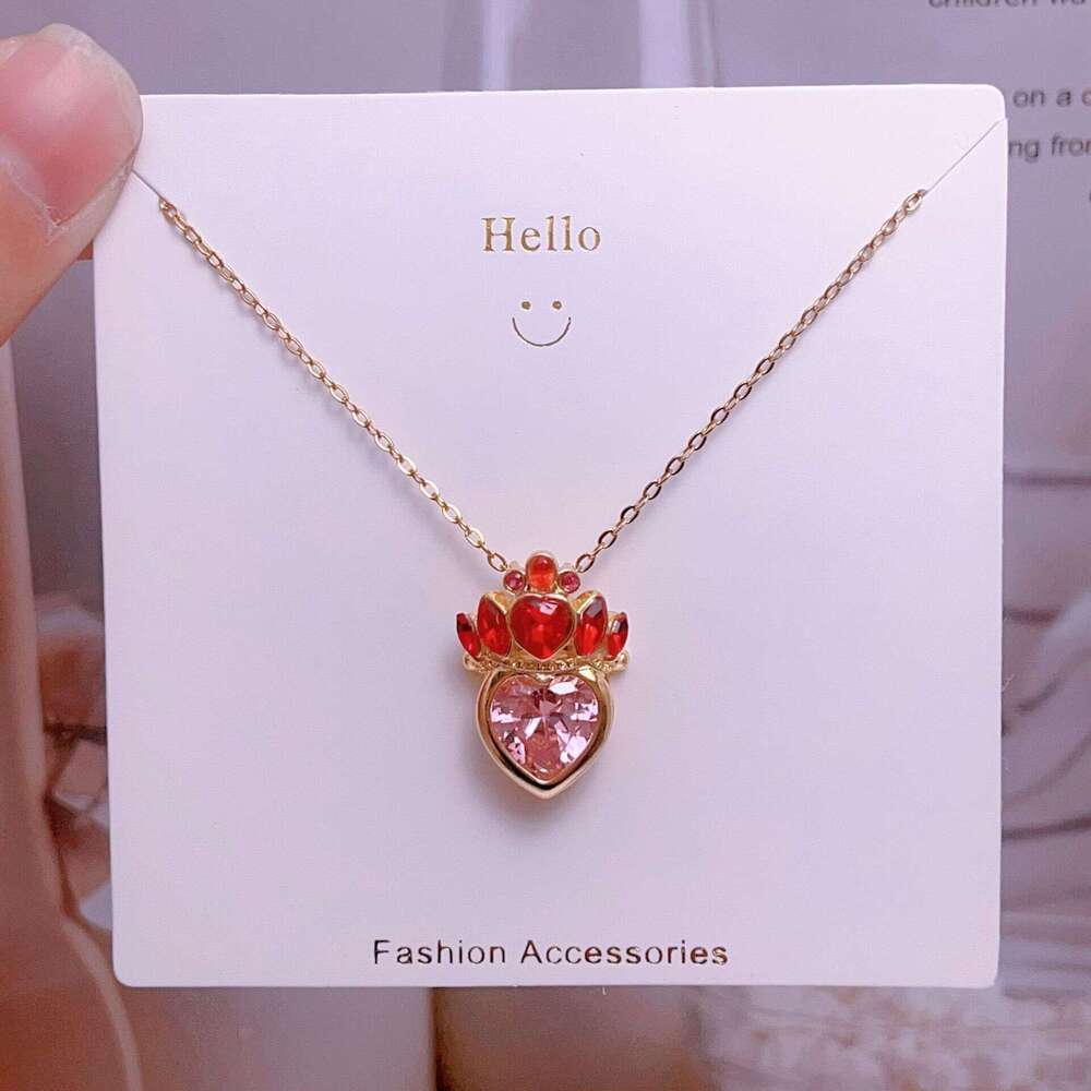 Titanium Steel Clavicle Chain Pink Crown Heart Necklace For Women Light High-End Versatile Elegant Accessory Yiwu 93A