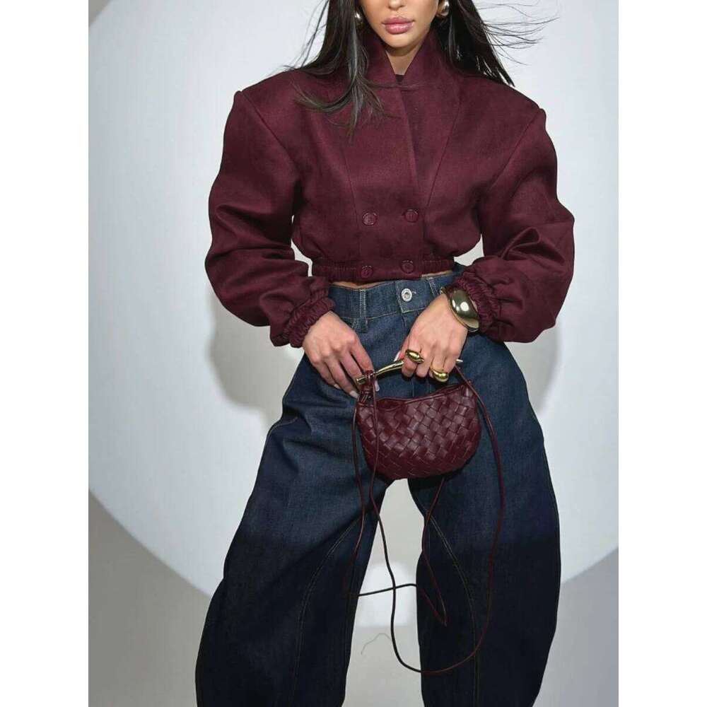 TWOTWINSTYLE Winered French Retro Slim Coats For Women V Neck Spliced Double Breasted Long Sleeved Short Jackets Female Fashion