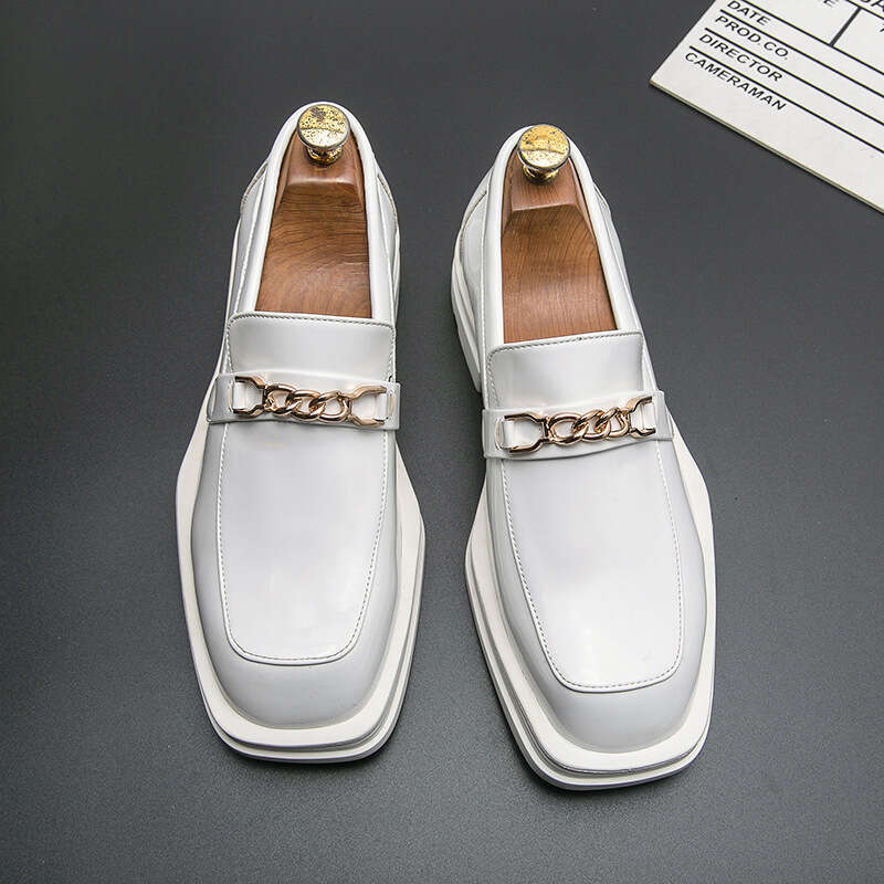 Business Formal New Men's Square Toe Casual Korean Style Trendy Hairstylist Thick Sole White Wedding Leather Shoes