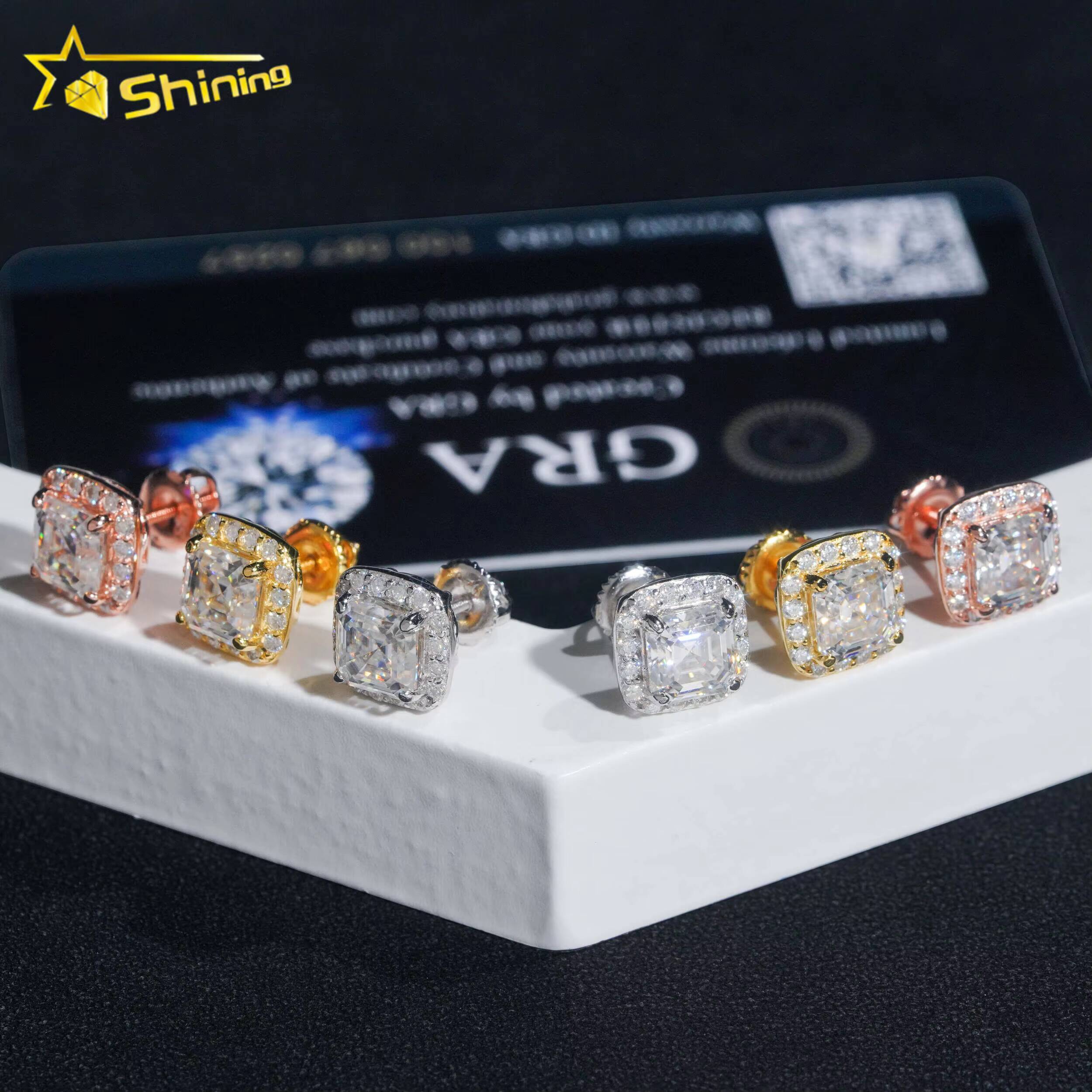 Diamond Tester Certified RTS Hip Hop Jewelry 925 Silver Asscher Cut VVS Diamond Moissanite Stud Earrings