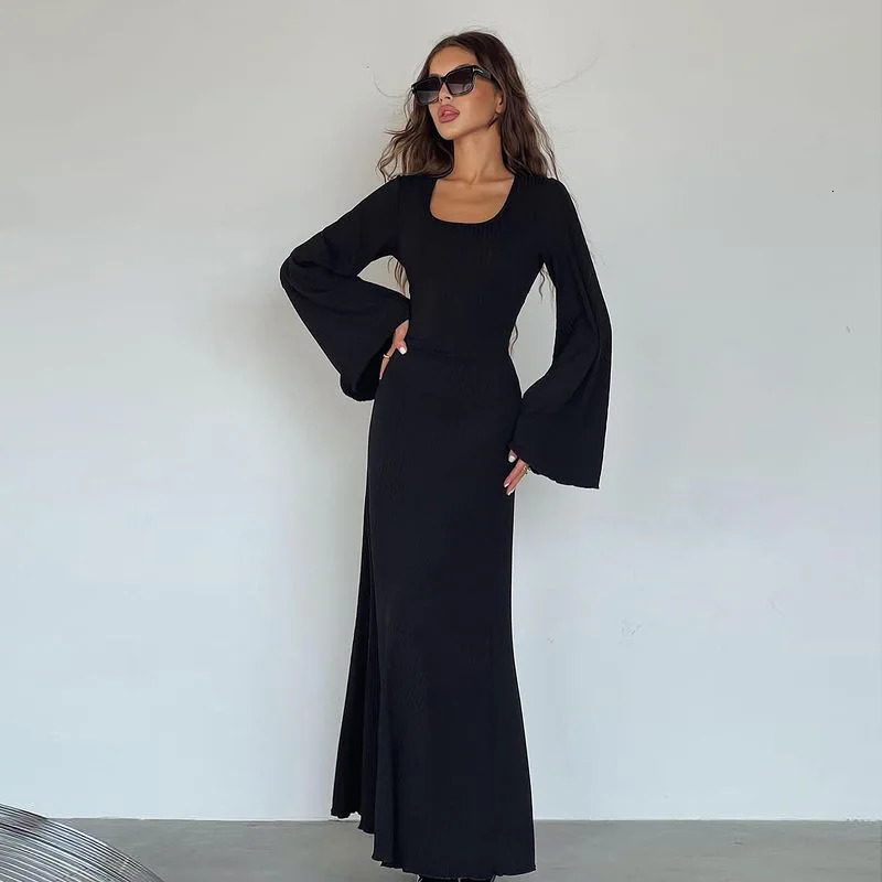 Long Sleeve Women Dress Fashion Square Neck Slim Fit Casual Y2k Elegant Party Club Dresses Black Knitted Evening Dress 250809
