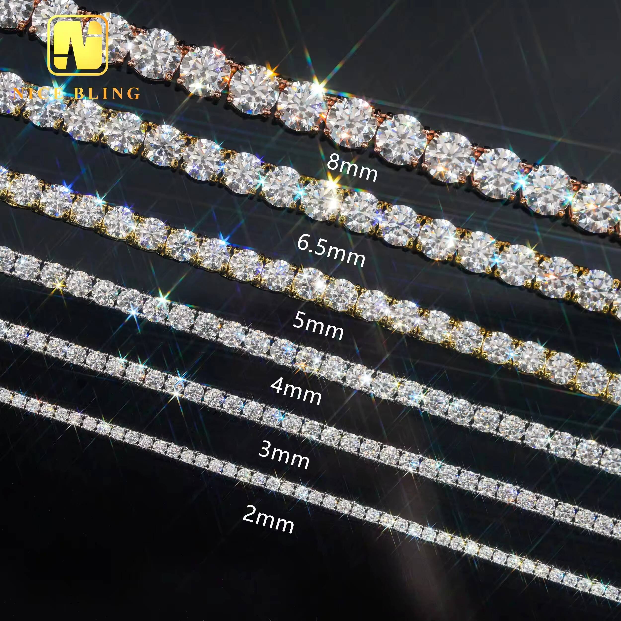 Hip Hop Fine Jewelry Tennis Necklace Vvs d Moissanite Tennis Chains Unisex 2mm Sterling Silver Gold Plated Tennis Chains