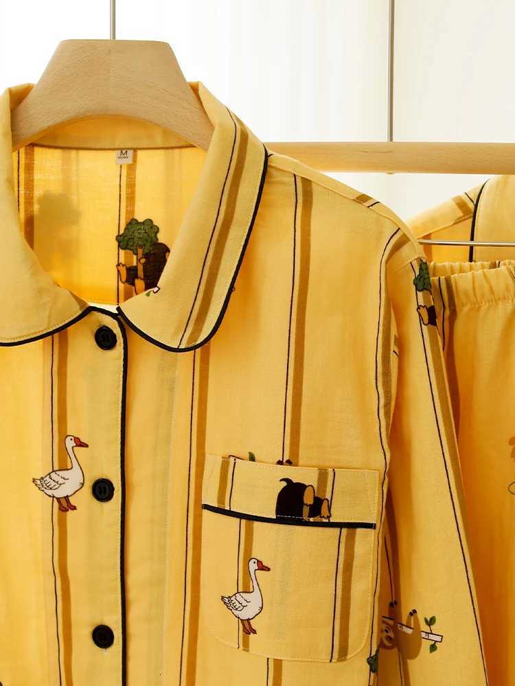 2025 Spring High-end Pure Cotton Gauze Couple Pajamas Cartoon Men Style Striped Breathable Comfortable Long Sleeve Pants Homewear W250717