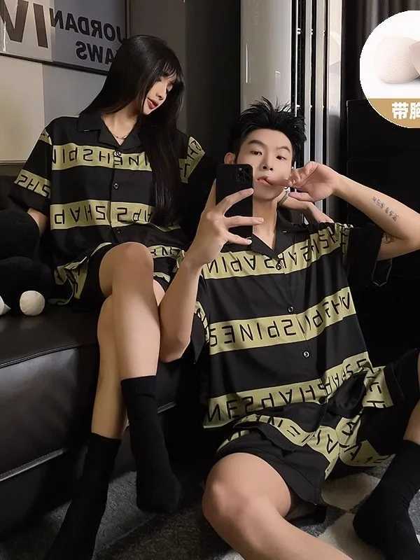 1111111111111111 Daimelu Couple Pajamas Womens Summer Short-Sleeved Plus Size Thin Mens Sleepwear Set Vertical Stripes Pajamas Suit Nightwear W250717