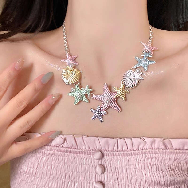 New Starfish Shell Necklace for Women Versatile Summer Beach Vacation Photo Collarbone Chain Sweet Cool Girl Style Accessory