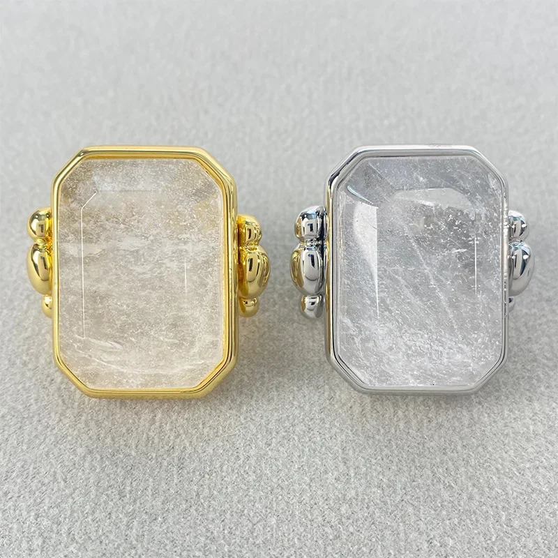 14K Gold-plated French retro fashion square sugar natural stone crystal ring exaggerated vacuum high-end feeling ring 250716