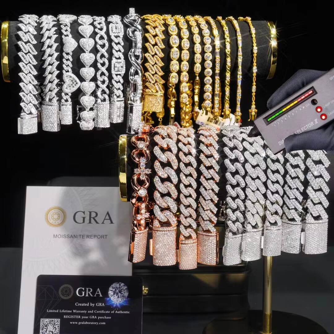 Hip Hop Jewelry D VVS Round Moissanite Diamond S925 Iced Out Moissanite Cuban Necklace Link Chain Jewelry