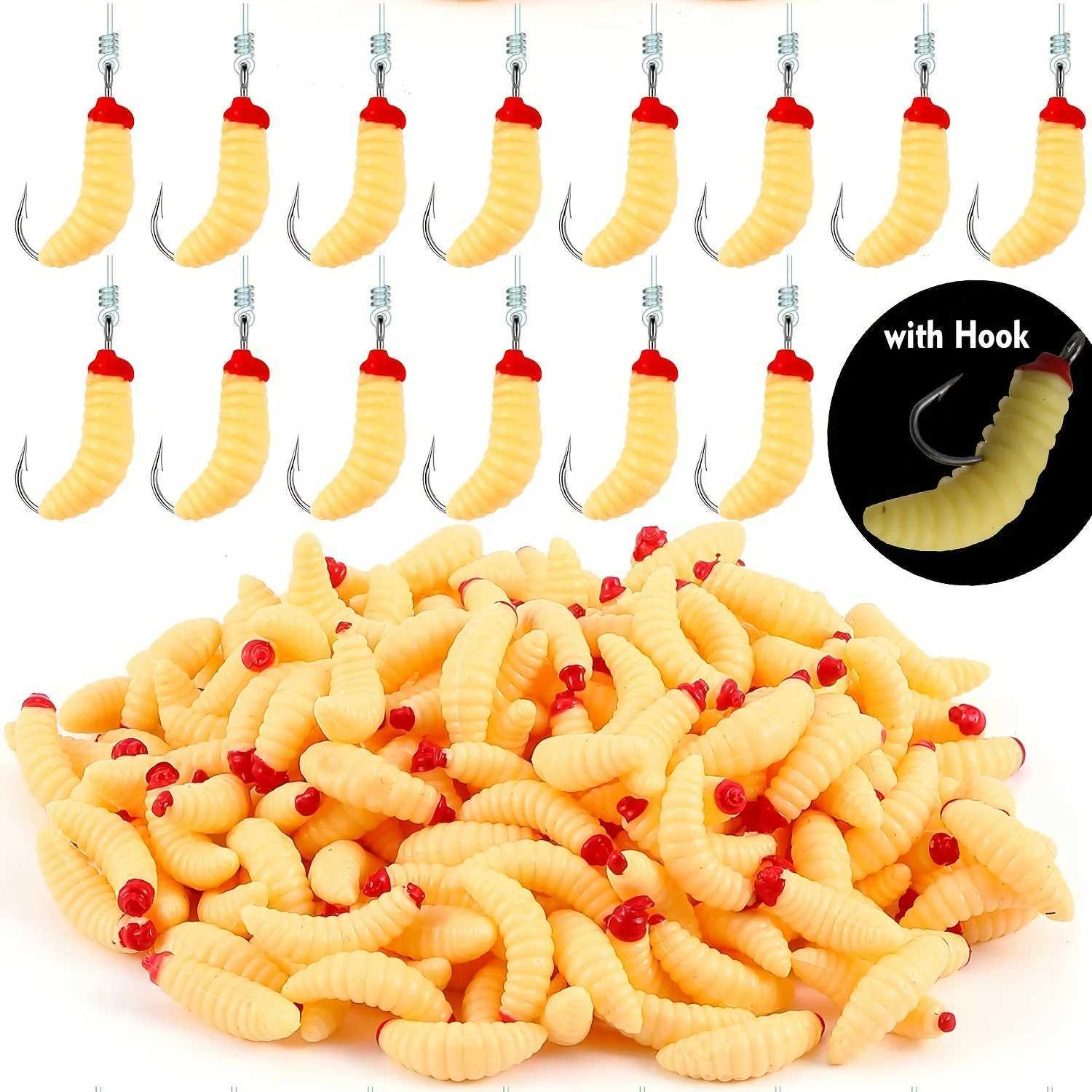 10pcs Soft Maggot Baits with hook Fake Bread Worms Artificial Wax Worms Gross Plastic Worms for Freshwater Z250717