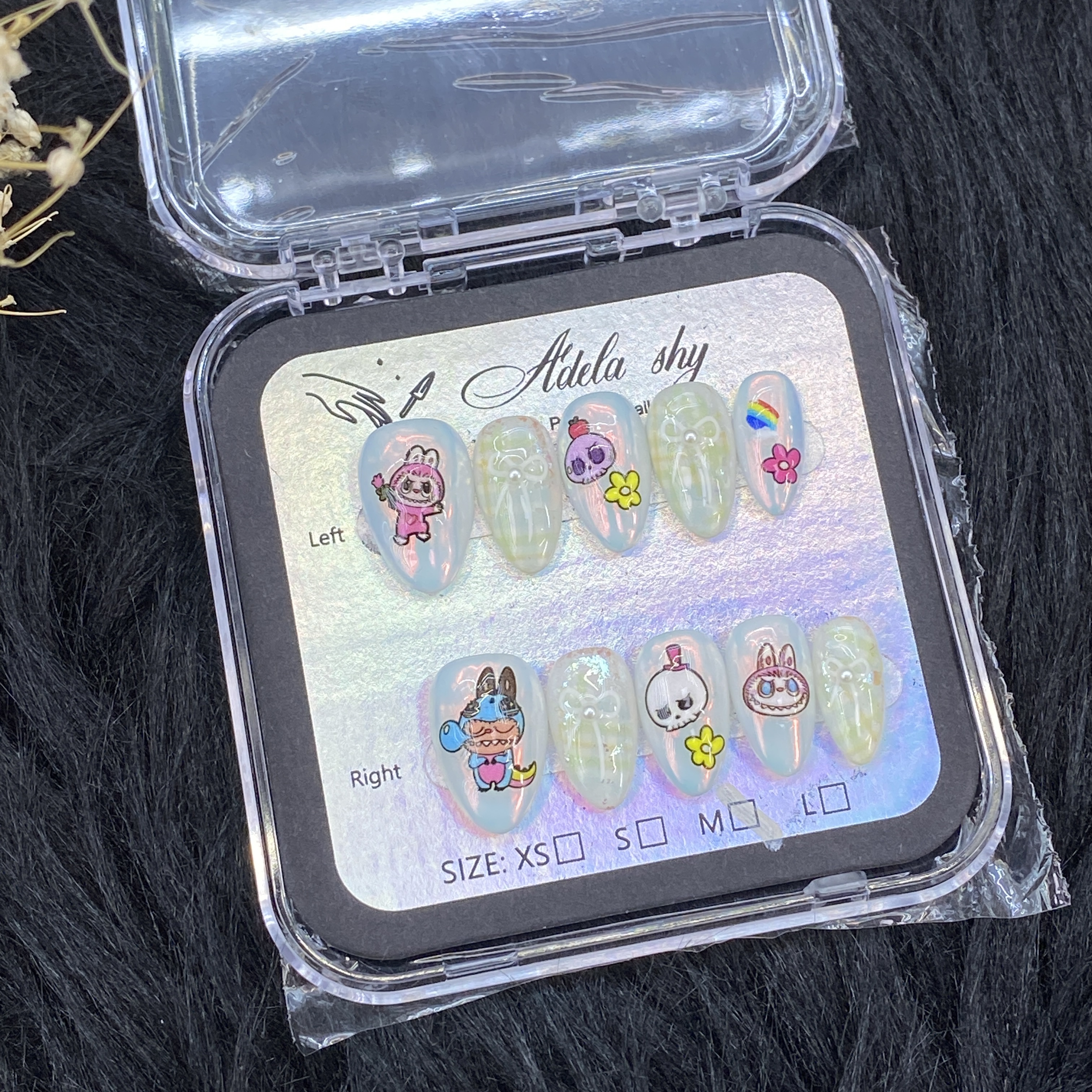 False Nails 10pcs Medium Almond Milky White Cute Cartoon Nail Art with Rabbit Panda Dog Skull Flower Rainbow Pearl Bow Full Cover Press On DIY Tips