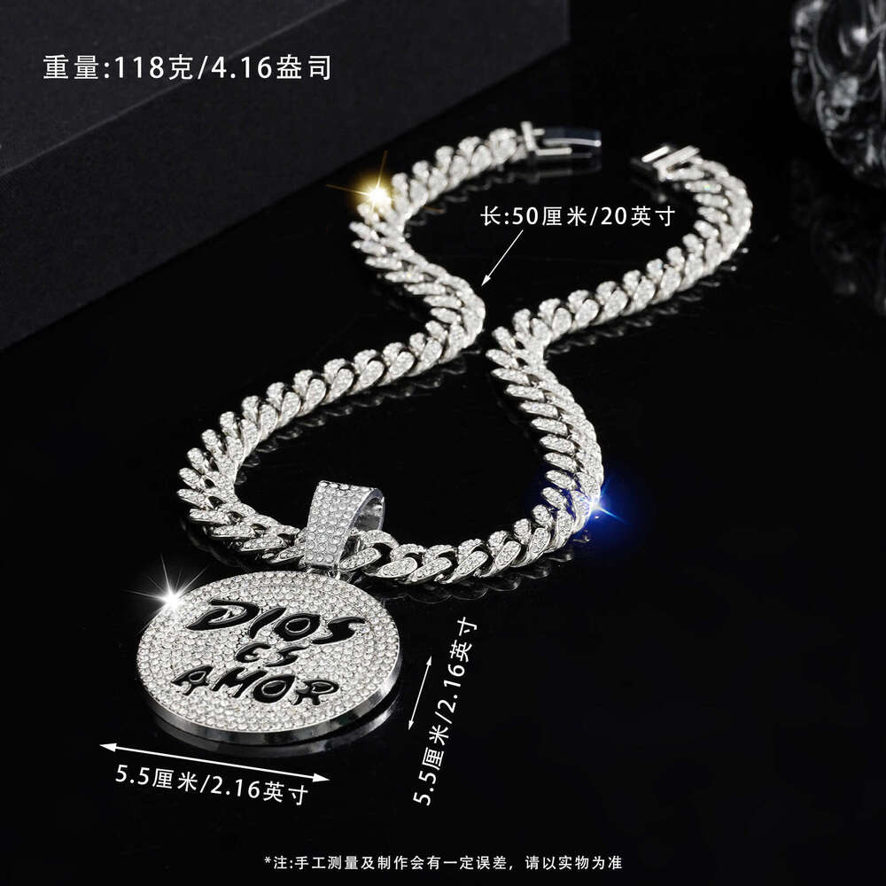 Inlaid Dia Oil Drop Round Pendant Exaggerated Personality Alloy Cuban Chain Fashion Creative English Letter Necklace