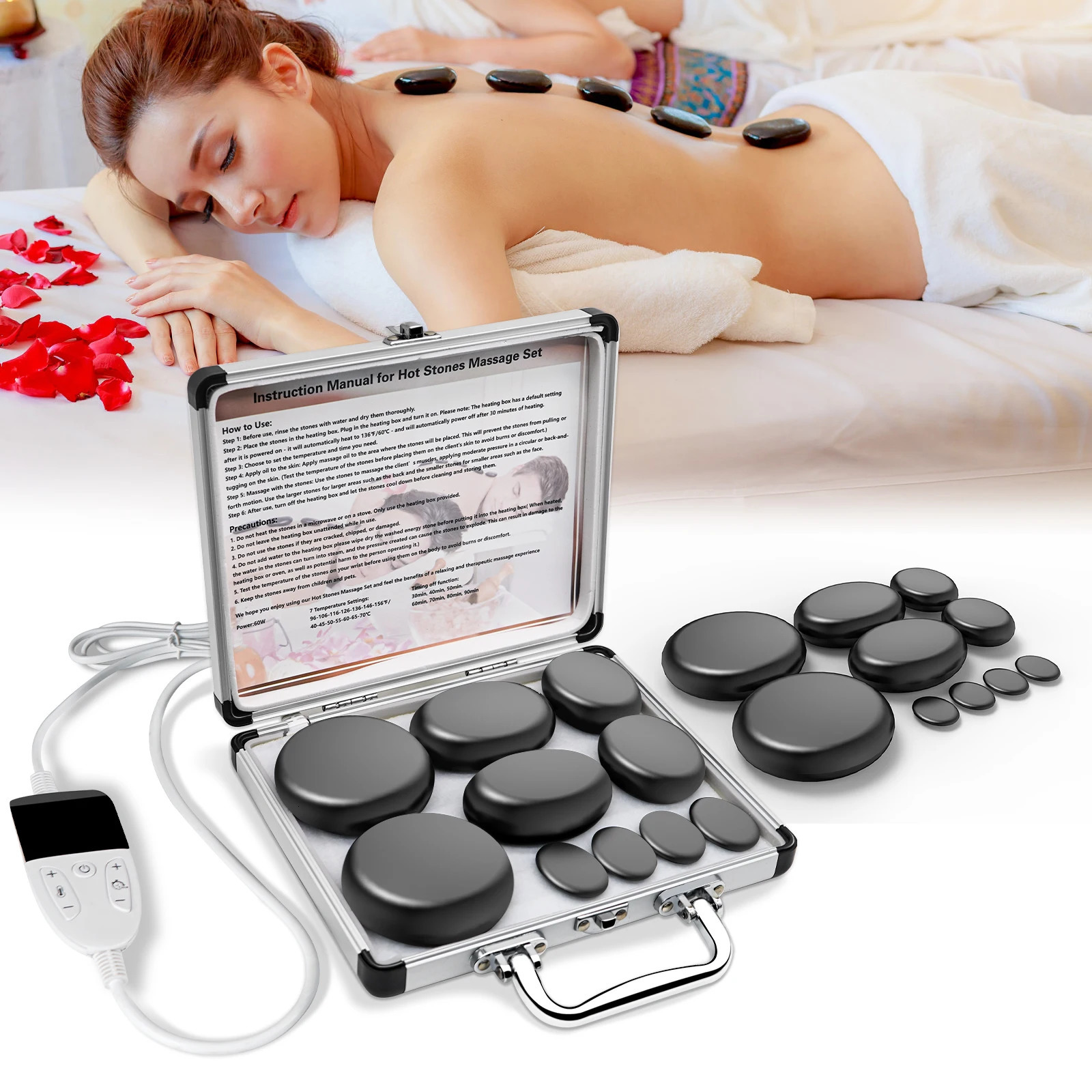 STONE MASSAGE SET WITH TEMPERATURE ADJUSTMENT - Stone Massage Set with Heater Professional Spa Massage Tool - For Neck 250716
